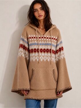 ZARA Wool-Blend Jacquard Knit Oversized Hooded Poncho Sweater Size M